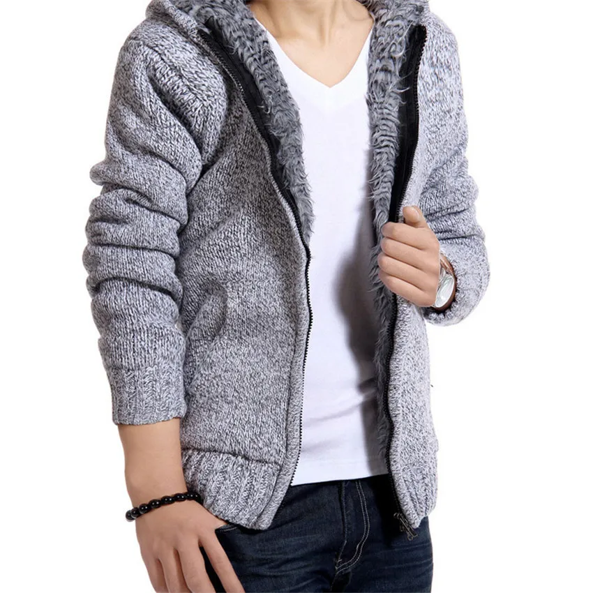 Autumn Winter Mens Thick Warm Sweatercoat Collar Zipper Hooded Sweater Coat Outerwear Winter Fleece Cashmere Sweaters pull Homme