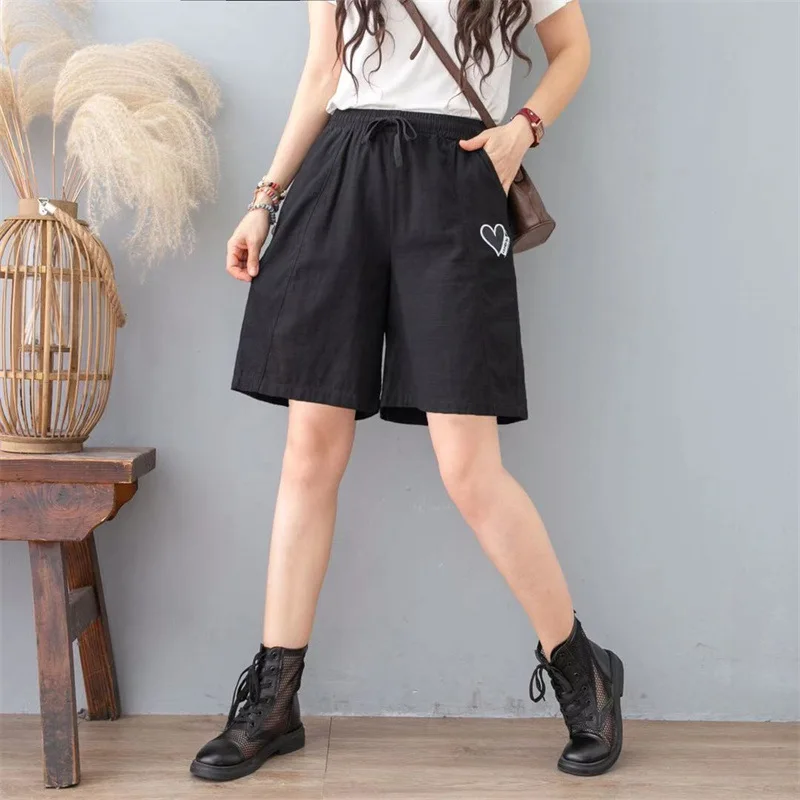 шорты женскийSummer High Waist Wide Leg Pants Women DrawstringBlack Love Print Shorts Femme Korean Casual Loose Holiday Trousers khaki shorts