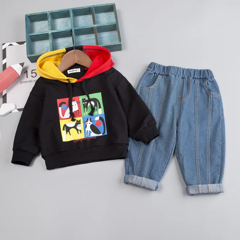 Повседневный комплект одежды с капюшоном для маленьких мальчиков и девочек 1, 2, 3, 4 лет; Одежда для мальчиков с принтом из мультфильма - Color: Black
