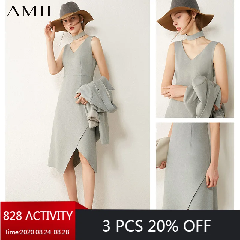 AMII Minimalism Autumn Women's Dress Temperament Vneck Sleeveless Irregular Hem Design Solid Female Dress 12070495 AMII Minimalism Autumn Women's Dress Temperament Vneck Sleeveless Irregular Hem Design Solid Female Dress 12070495