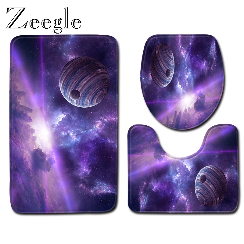 Zeegle Bath Mat Set Anti Slip Bathroom Doormat Shower Mat Soft Toilet Pedestal Rug Foot Mat 3D Universe Printed 3pcs Toilet Set