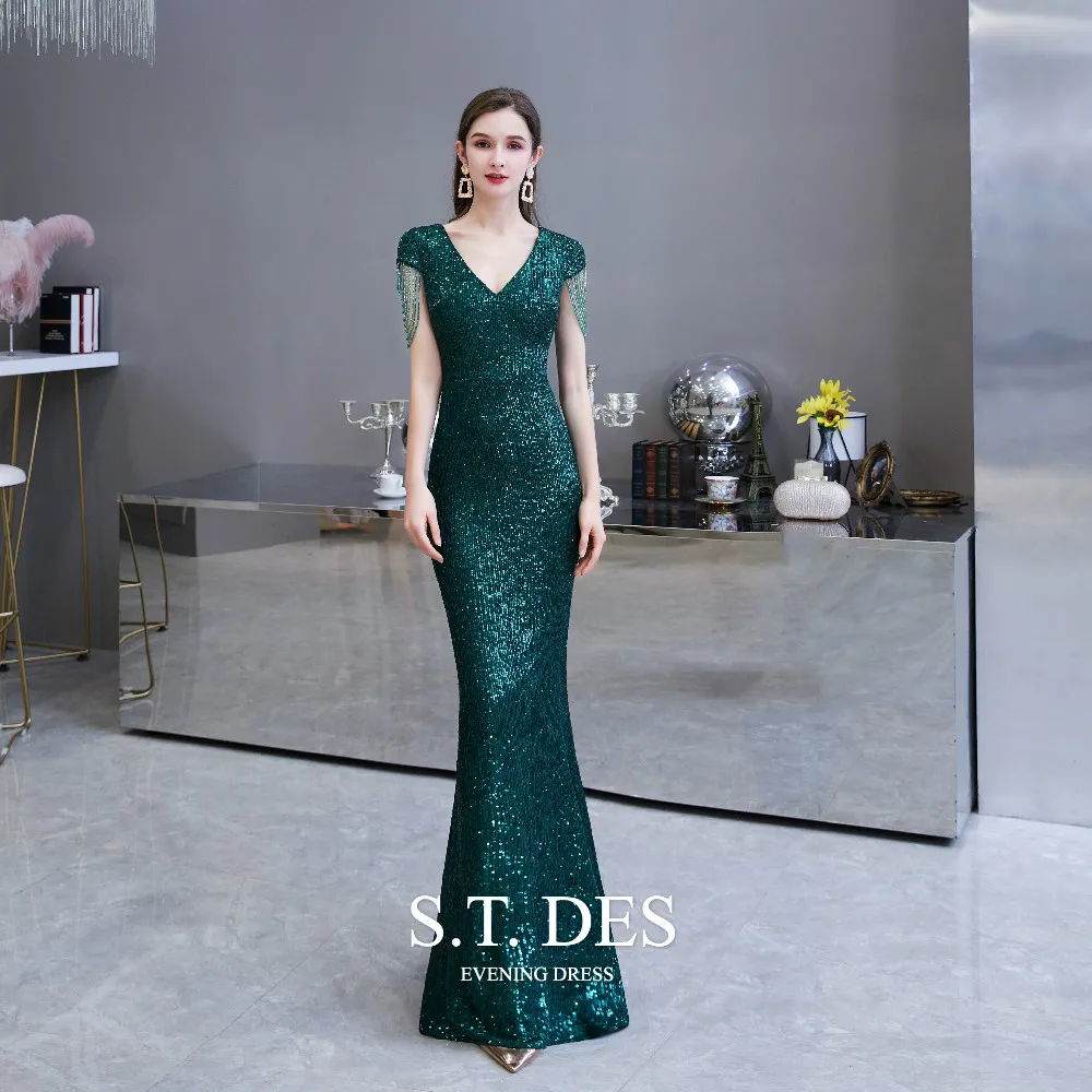 

2020 S.T.DES Brillian Deep V-Neck Green Full Sequins Mermaid Dress Tassel Sleeveless Bling Bling Evening Dress For Woman