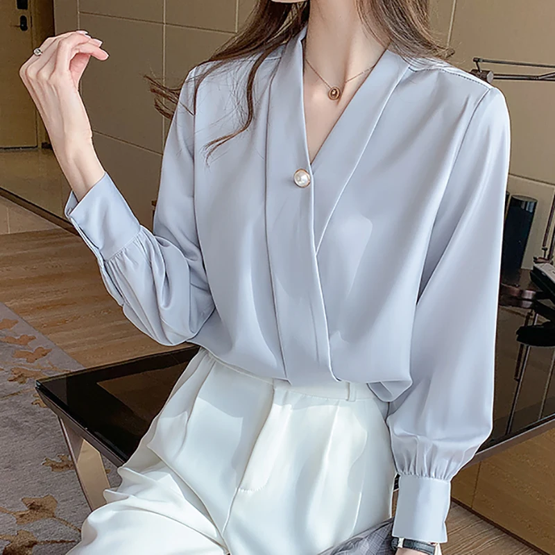 New V-Neck Silk Shirts Women Pullover Short Sleeve Summer Tops 2021 Button Women Blouses Satin Clothing Office Lady Solid Blouse