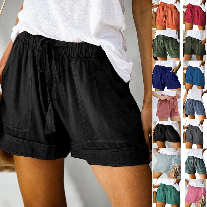 

2020 Summer Sport Shorts Women Casual Drawstring Splice Elastic Waist Pocketed Loose Femme Beach Biker Short Pants S-5XL