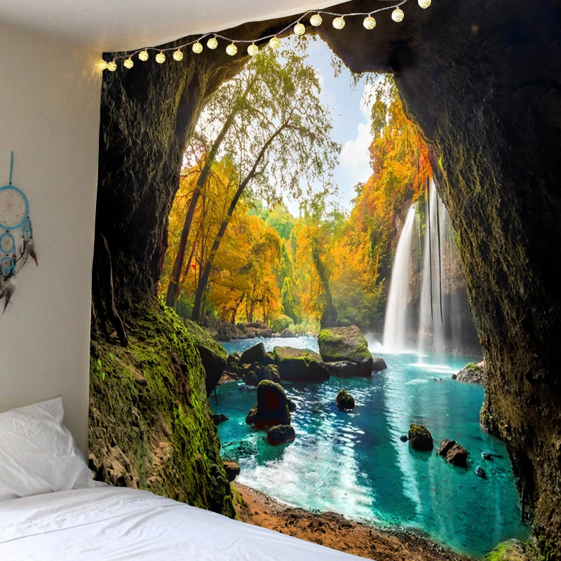 

Beautiful cave waterfall digital print wall hanging hippie tapestry polyester fabric home decoration wall carpet