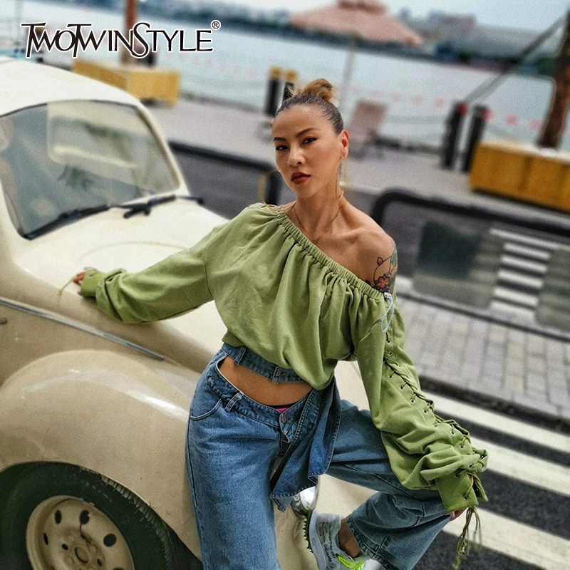 

TWOTWINSTYLE Sexy Slash Neck Women's Shirt Lantern Sleeve Tassel Bandages Summer Short Blouses Female 2019 Fashion Clothing New