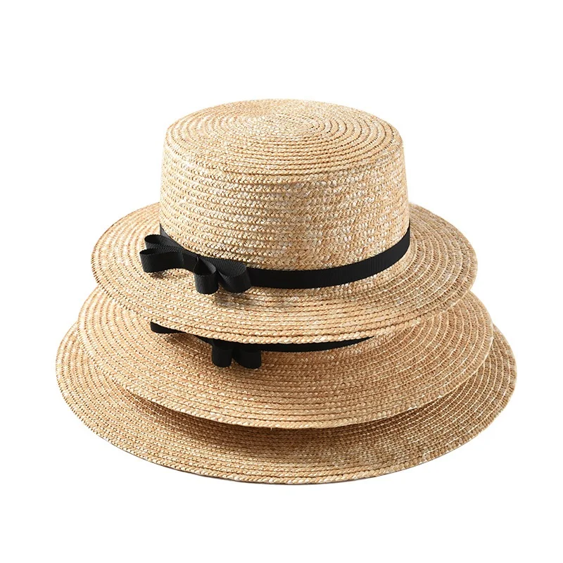 Flat straw hat spring summer ladies 5cm 7cm 9cm wide brim boater hat vacation sunshade beach With black bowknot beach hat,women sun hat