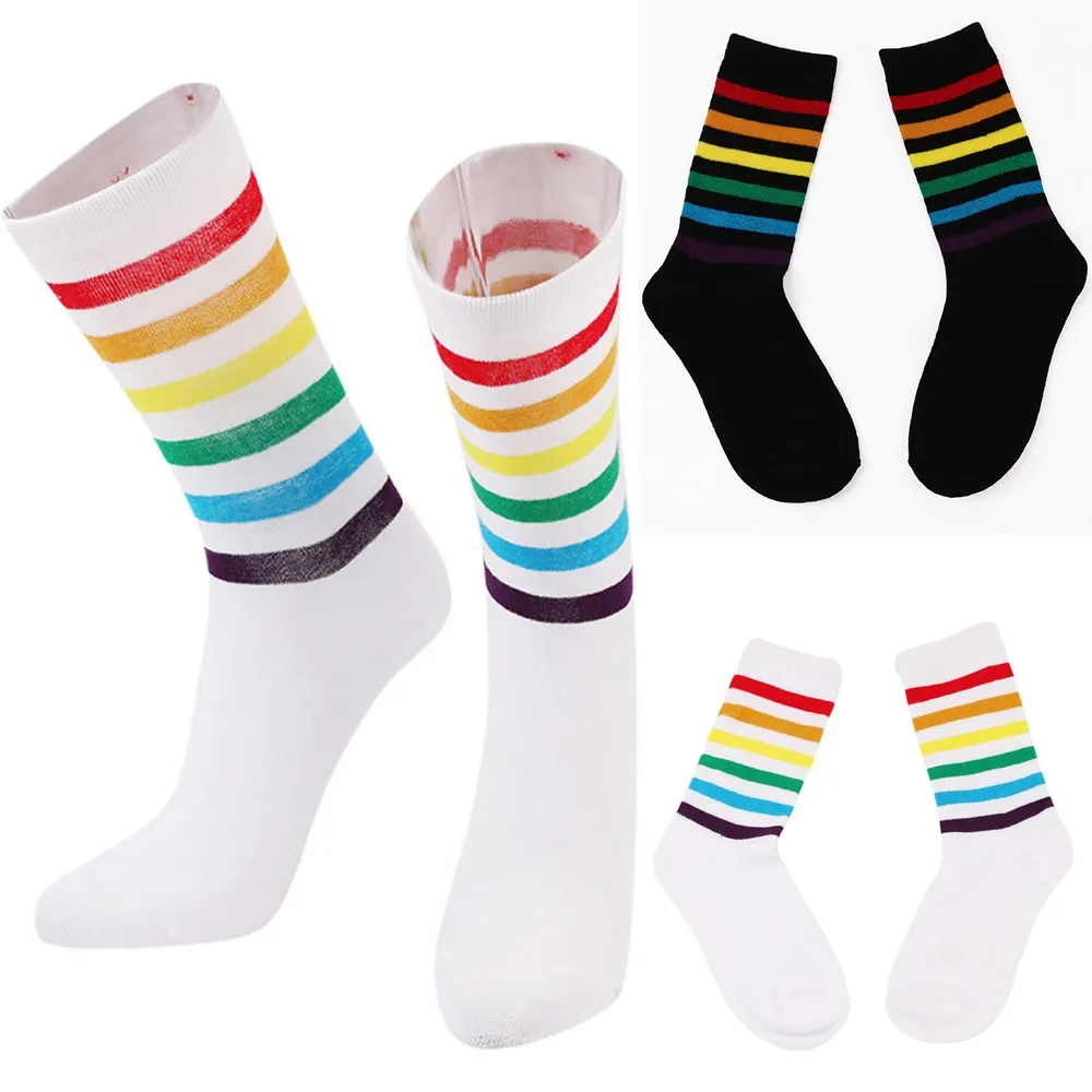 

Women's Socks Thick Warm Crew Fuzzy Funny Rainbow Stripe Print Slipper Sock
