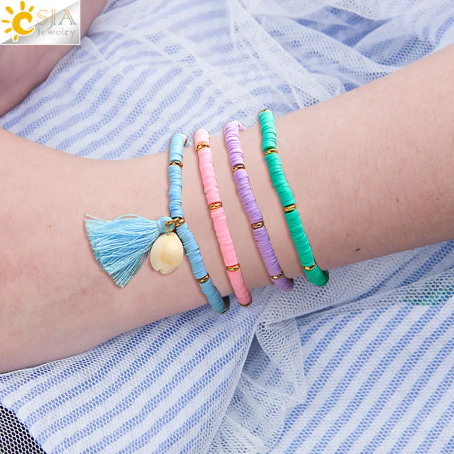 CSJA Подвески Браслеты для женщин Красочные бахромой кисточкой кулон браслет Полимерная глина бусины Femme ювелирные изделия дружбы S604