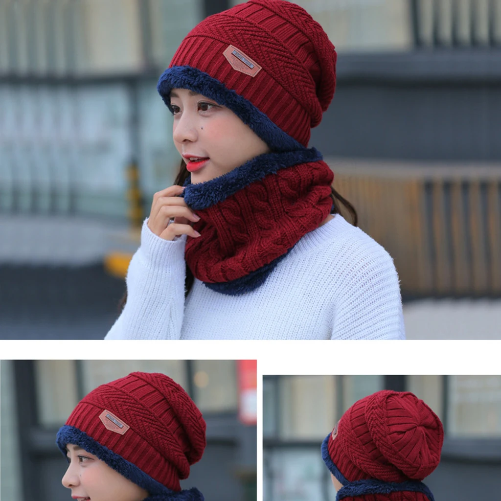 2PCS Men's Women's 2 Sided Beanie Winter Warm Knit Ski Knitted Scarf Hat Windproof Couple Hat Slouchy Hats with Pom Scarves