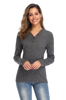 

New Long Sleeve Button Soft Gray Knitting Sweaters Tops Female Casual Pullovers Women's Slim V-Neck Sweater Autumn Winter Vogue