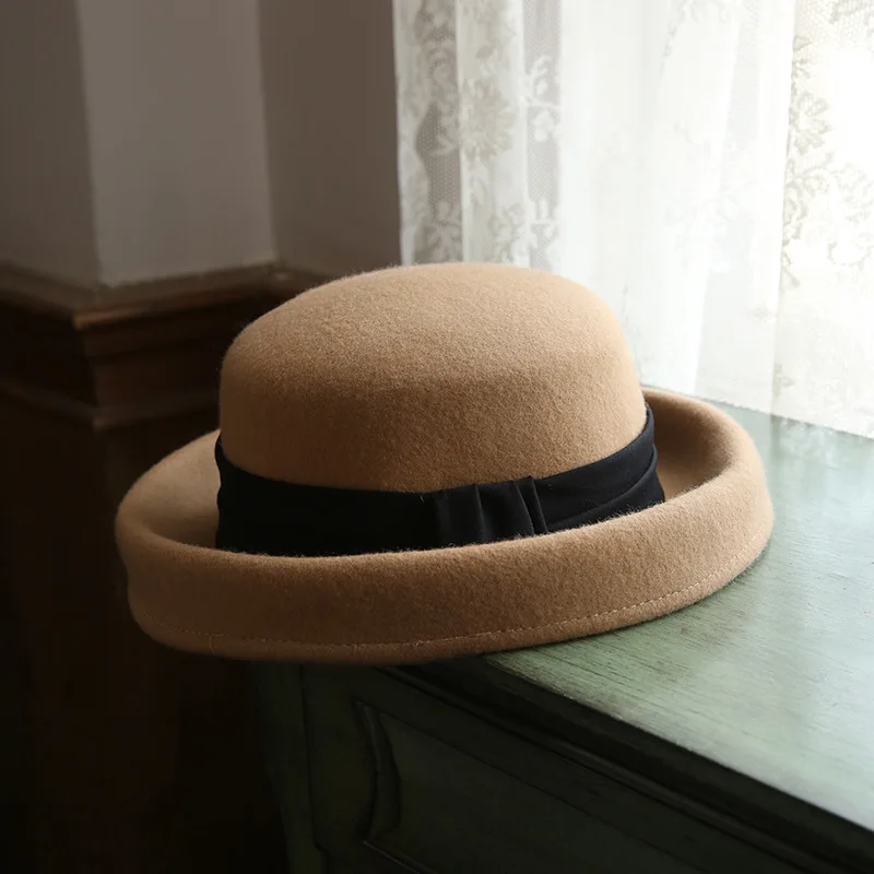 Retro Pure Woolen Japanese/Korean Style Fedoras Red Jazz Hat Fall/Winter Hats For Women Fascinators Hats Jockey Club Casual Wear - Цвет: Хаки