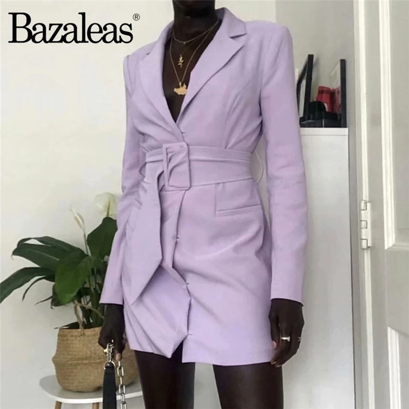 Bazaleas Autumn Purple blazer women Vintage Sashes coat Basic Long Coats Fashion Loose mujer Casual | Женская одежда