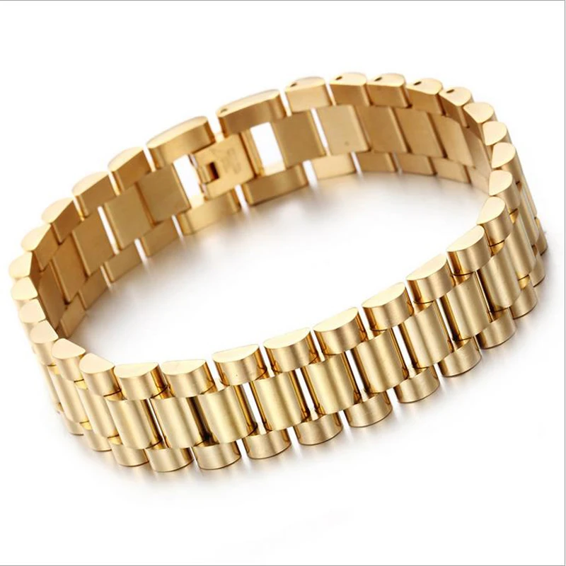 Gold Хит, итальянский стиль, браслет для часов, нержавеющая цепочка, стильный браслет, 220*15 мм, мужские лучшие браслеты, браслеты, подарок для Него - Окраска металла: Gold