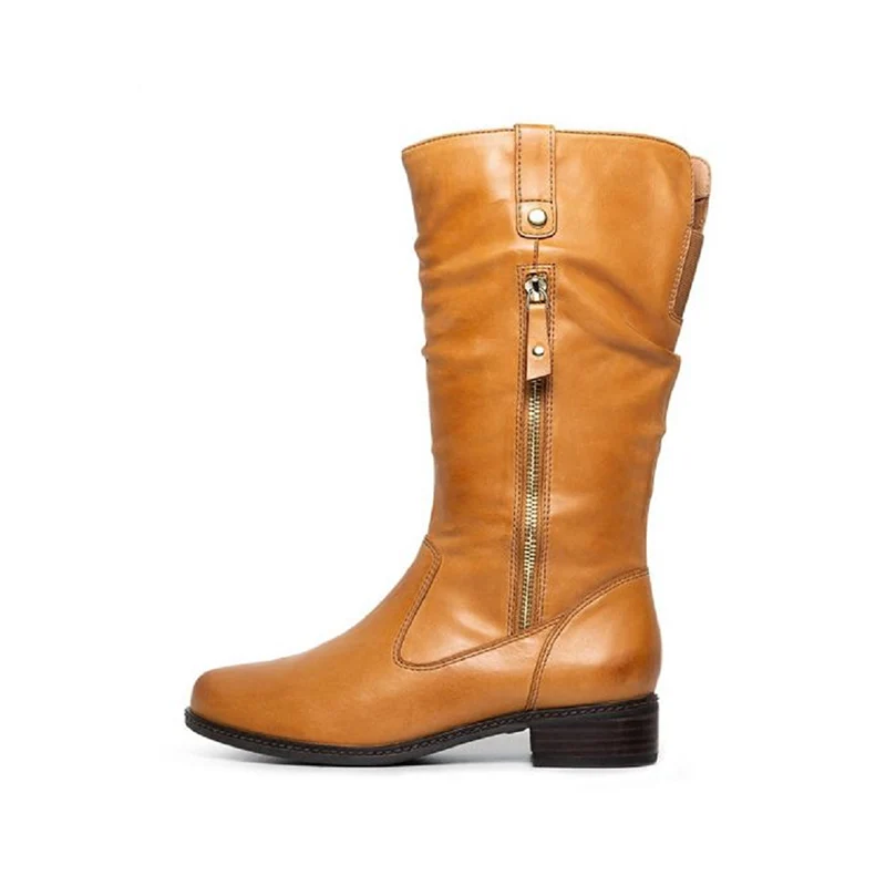 Women Mid Calf Boots 2020 Woman Office PU Leather Shoes Autumn Winter Female Fashion Comfort Low Heel Ladies Casual Zip Boots