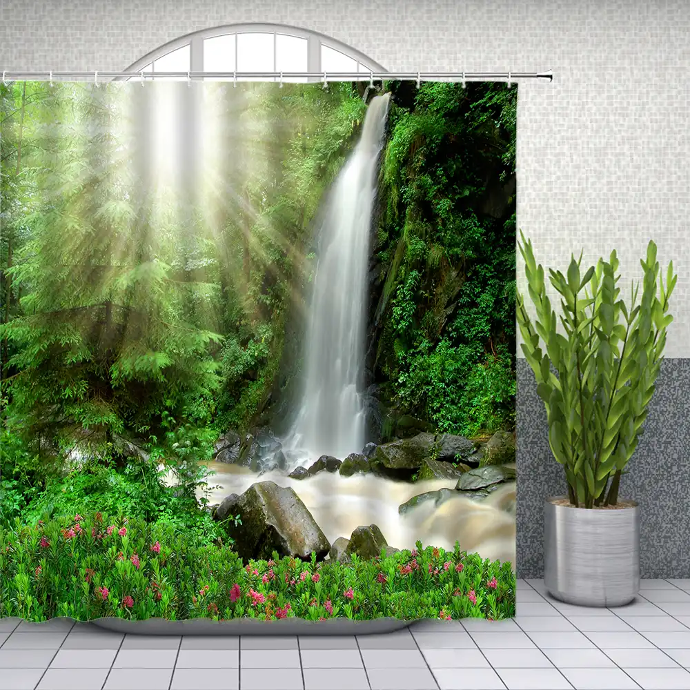 Waterfall Scenery Shower Curtains Spring Green Plant Flower Natural Landscape Bathroom Decor Home Bath Waterproof Cloth Curtain Shower Curtains Aliexpress