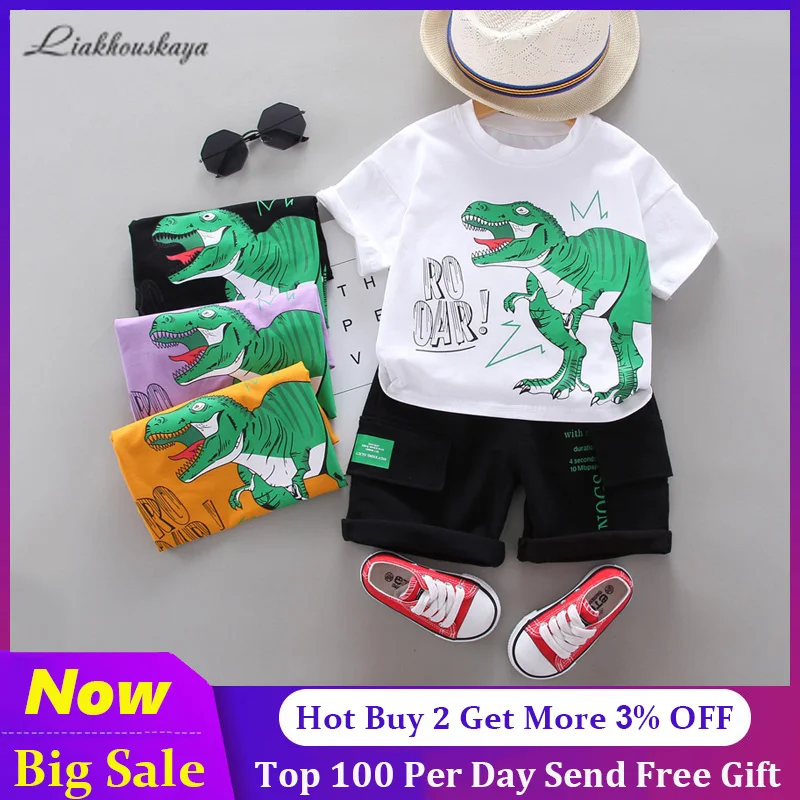 Baby Clothing Set Boys Cute Summer Casual Clothes Dinosaur Top Black Shorts Suits for hip hop dance costumes Kids 1-4 Years | Детская