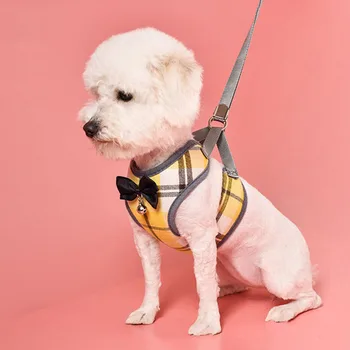 

New Dog Vest Breathable Pet Dog Plaid Vest With Traction Rope Small Dog Clothes With Bow Tie Soft Dog Vest Harness Leashes Rope