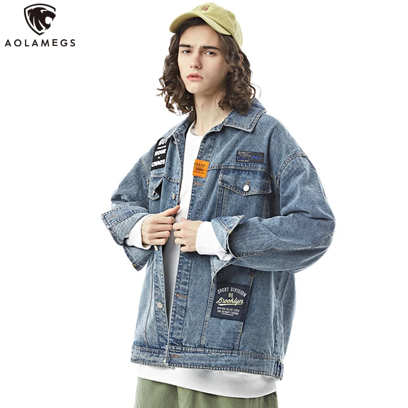 

Aolamegs Mens Denim Jacket Cowboy Coat Rock Hipster Denim Jean Jackets Hip Hop Patch Casual Cotton Blue Men Jacket streetwear