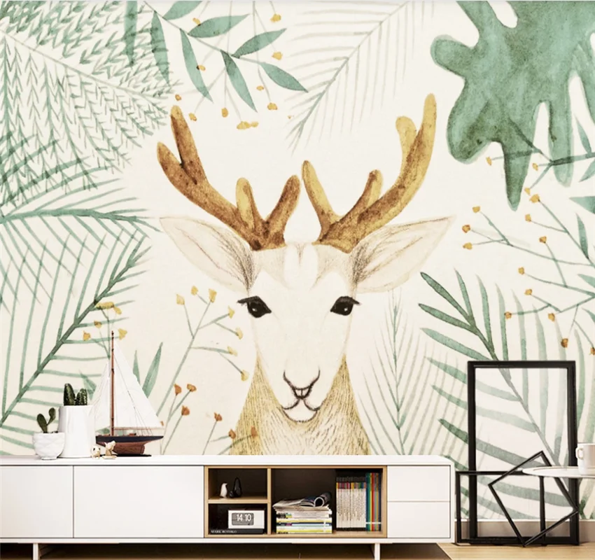 xuesu Custom wallpaper mural Nordic abstract pastoral deer head plant background wall decoration painting 8d wall covering deer head elk illustrations