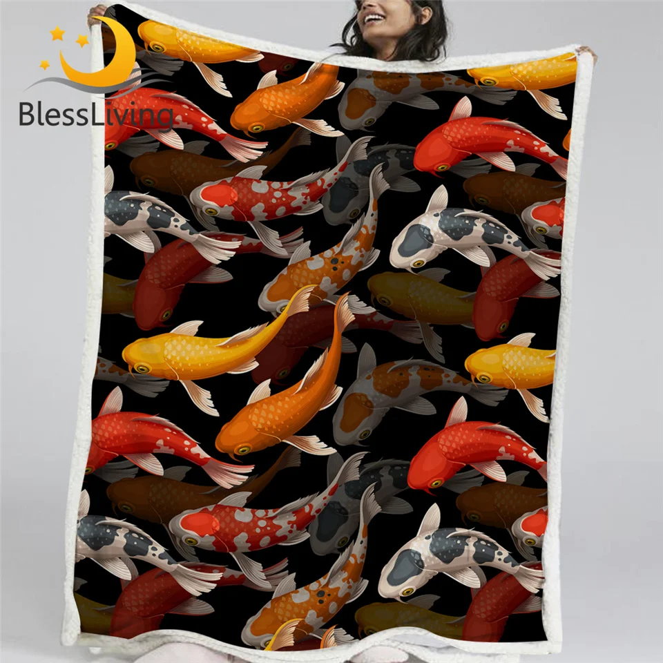 BlessLiving Koi Carps Throw Blanket Red Golden Lucky Fish Plush Blanket Colorful Bedding Auspicious Sherpa Fleece Blanket New