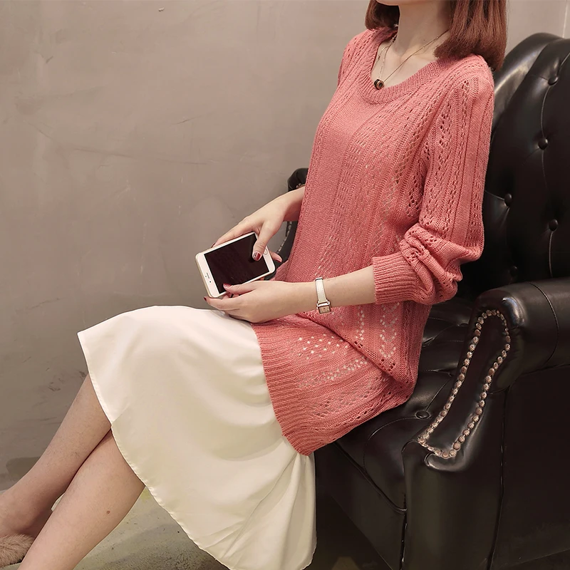 Mei red XL-XXXL размера плюс женские осенние Модные выдалбливают длинный рукав Вязанный свитер и спагетти ремень гофрированные платья из двух частей - Цвет: Mei red