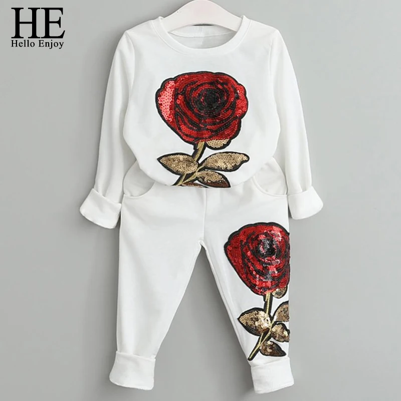 HE Hello Enjoy/комплекты одежды для девочек детский осенний шерстяной свитер с длинными рукавами и вышитыми розами и пайетками детский спортивный костюм