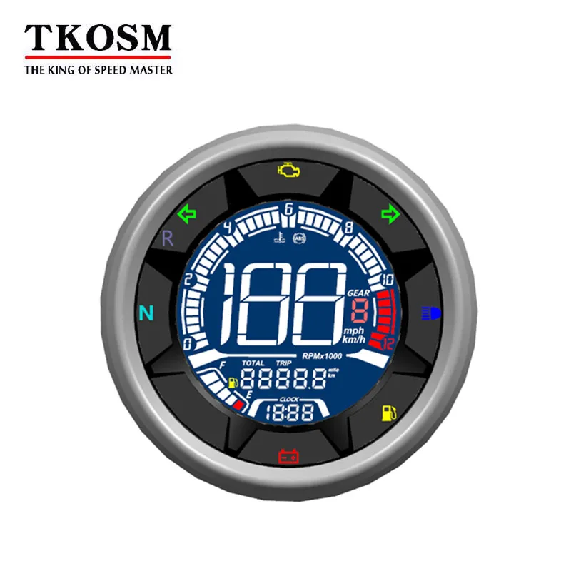 

TKOSM Universal Multi Function 12000 RPM Motorcycle Digital Speedometer Odometer Tachometer Trip Meter 199 KMH MPH Gear1-6