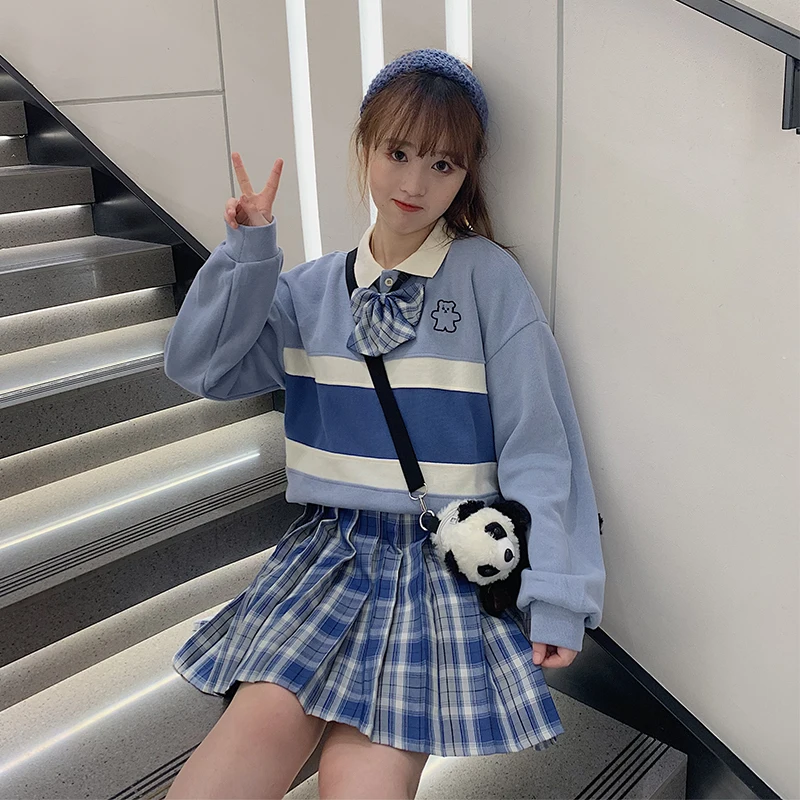 striped turn-down collar new Spring autumn long sleeve Korean preppy style Sweatshirts Women's Clothing fashion pullovers tops