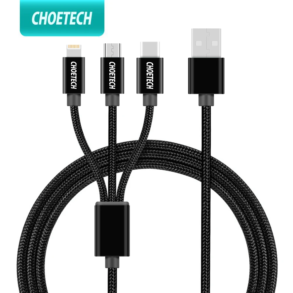 CHOETECH 3 в 1 мобильный телефон кабель для iPhone 8 7 Plus нейлоновый плетеный Micro USB Type C Samsung