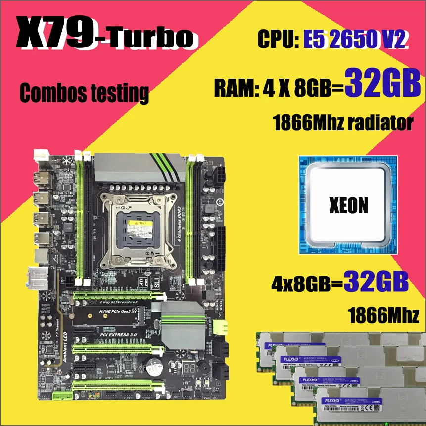 Материнская плата X79 Turbo LGA2011 ATX combos E5 2650 V2 cpu 4 шт. x 8 ГБ = 32 ГБ DDR3 ram 1866 МГц PC3 14900R PCI-E NVME M.2 SSD