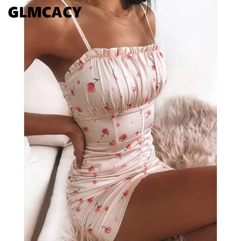 

Floral Spaghetti Strap Ruffle Trim Dress Women Sleeveless Slim Bodycon Dresses