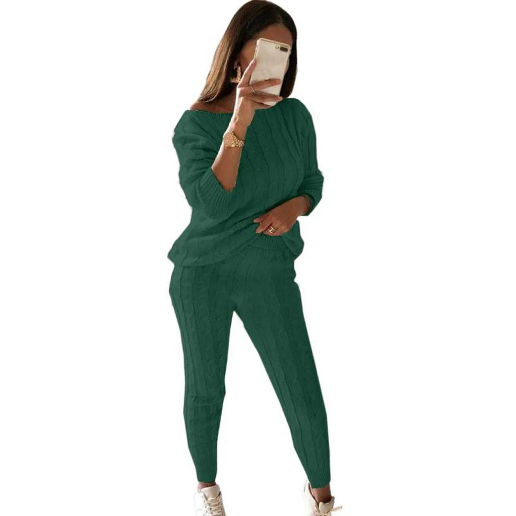 Спортивный костюм женский Зимний вязаный свитер костюм женский s женский однотонный круглый вырез вязаный теплый 2 шт. Домашняя одежда костюм набор# g4 - Цвет: Зеленый