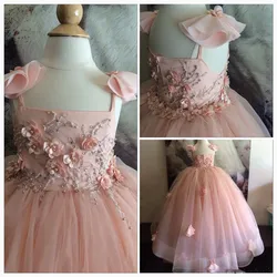 Pink Princess Flower Girls Dresses For Weddings 3D Floral Appliqued Lace Kids Formal Wear Long Pageant Gown