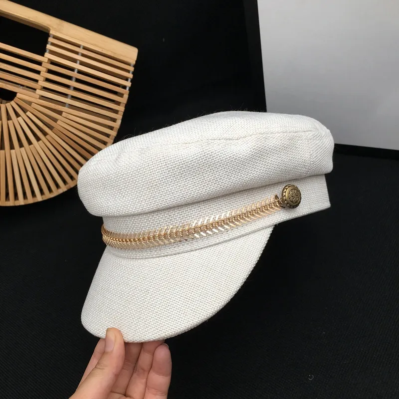 celebrity with flax female leisure joker French breathable breathable navy hat with straw andchain for women travel cap