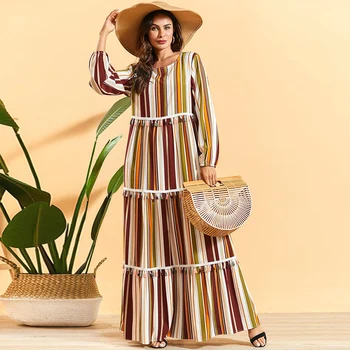 

Boho Colorful Stripe Maxi Dress Women Muslim Fashion Tassel Patchwork Plus Size Dresses O-Neck Long Sleeve Loose Ramadan Clothes