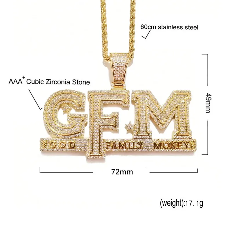 Iced Out Letters Pendant Necklace New Arrival God FAMILY MONEY AAA Zircon Men's Charms Necklace Hip Hop Jewelry