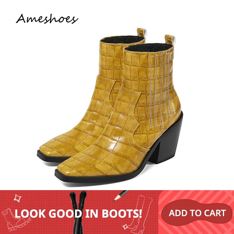 

2019 Autumn Winter Women Ankle Boots Western 10CM Block High Heel Boots Pointed Toe Black Blue Female Short Booties Size 34-46