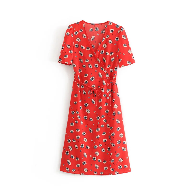 

Europe And America 2019 Summer New Style Slim Fit Slimming French Retro Solid Floral Flower Button Wrap Dress