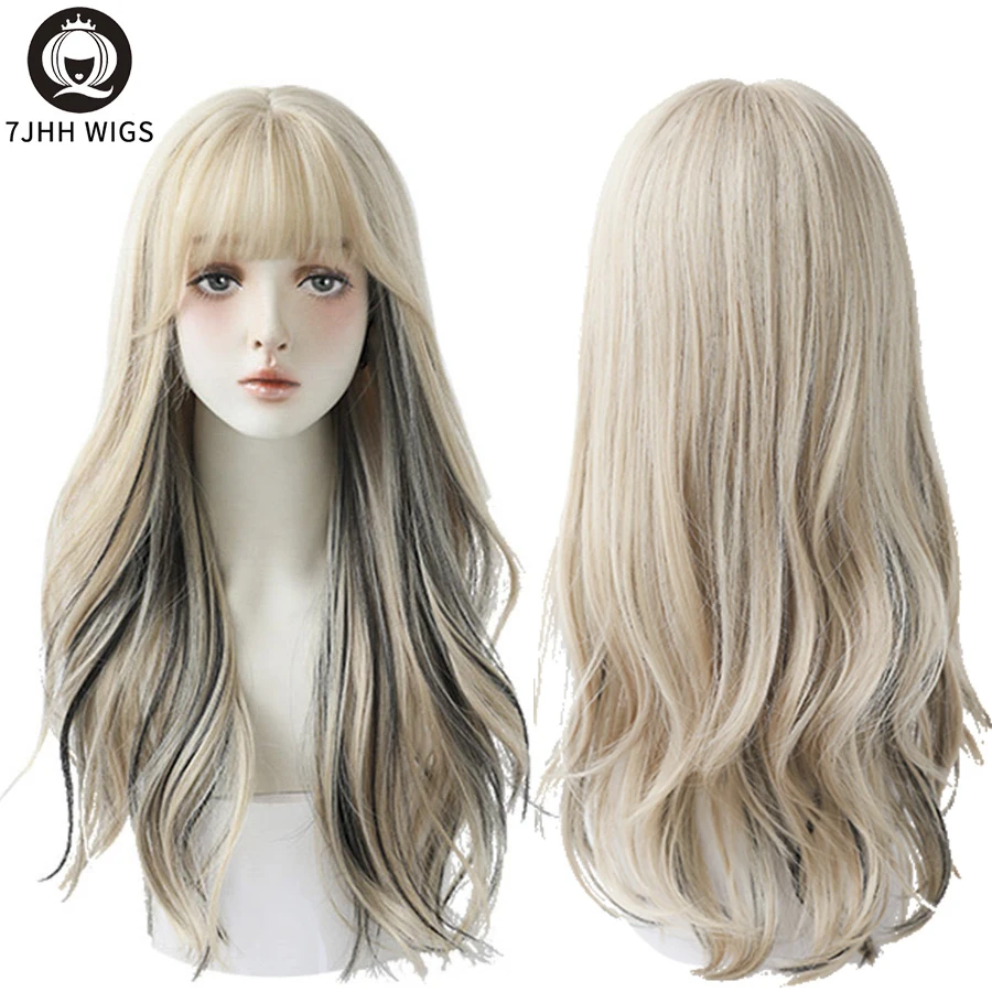 7JHH WIGS Long Wavy Curly Black Blonde Hair Highlights Synthetic Blend Wigs With Fluffy Bangs For Women's Daily Wear Four Season