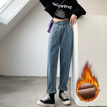 

Retro Warm Winter Fleece Jeans For Women Plus Size High Waist Boyfriend Jeans Female Curvy Baggy Jeans Velvet Harem Denim Pants