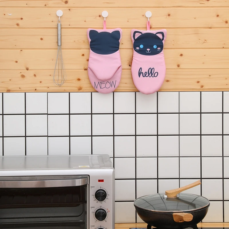 1 Pair Cartoon Animal Cat Paws Oven Mitts Heat Resistant Non-slip Long Microwave Gloves Cotton Kitchen Baking Insulation Gloves