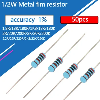 50pcs 1/2W Metal Film Resistor 1.1 1.3 1.8 2 2.2 18 20 22 180 200 220 R K Ohm 1% 0.5W 1K8 2K 2K2 Resistance 1R8 2R 2R2 0.1R-10M 1