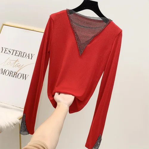 Red Gaganight Корейская элегантная женская футболка с длинным рукавом Лоскутная футболка в алмазах Офисная Женская футболка Топы сетка Глубокий V Футболка ШИК - Цвет: Red