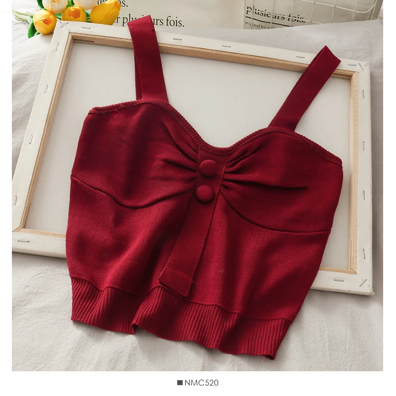 From the Heart Buttoned Knit Strap Crop Top - 33 - Kawaii Mix