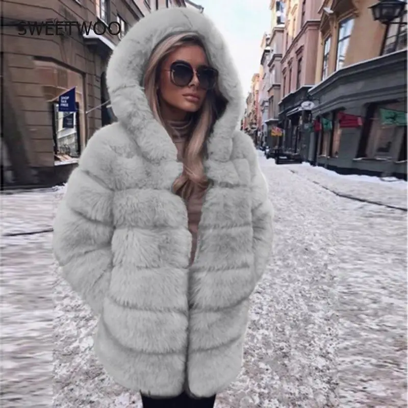 Elegant Faux Fox Fur Coat Women Winter Fashion Medium Long Artifical Fox Fur Coat Lady Warm Fake Fox Fur Coats Female