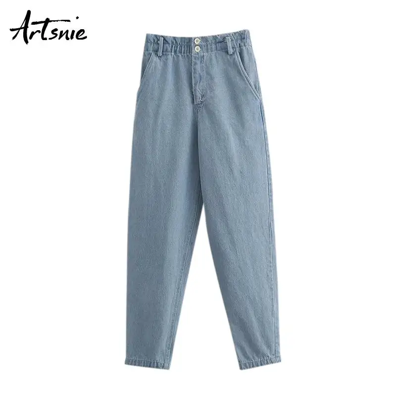 Artsnie blue casual denim women pants autumn high waist pockets jeans streetwear loose boyfriend harem pants mujer - Цвет: Blue