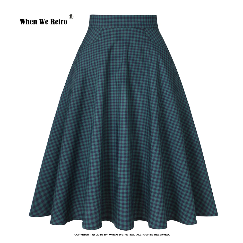 

2022 New Women 50s 60s Vintage Green Plaid Skirt SS0024 Cotton High Waist Women A Line Midi Skirts with Pockets Jupe Faldas