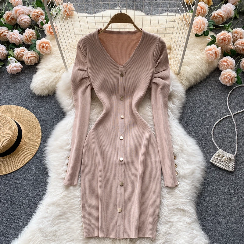 

Croysier Women Clothing Autumn Winter V Neck Ribbed Knitted Dress Long Puff Sleeve Bodycon Dress Front Button Sexy Mini Dress