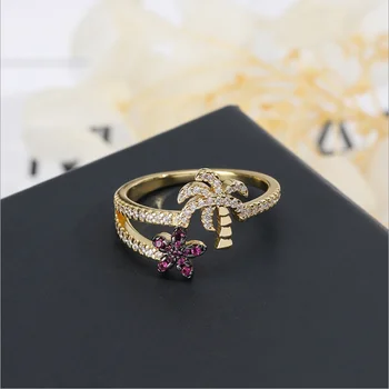 

Ring Tropical Ocean Colorful Toucan Palm Tree Flowers Starfish Ring Coconut Index Finger ring